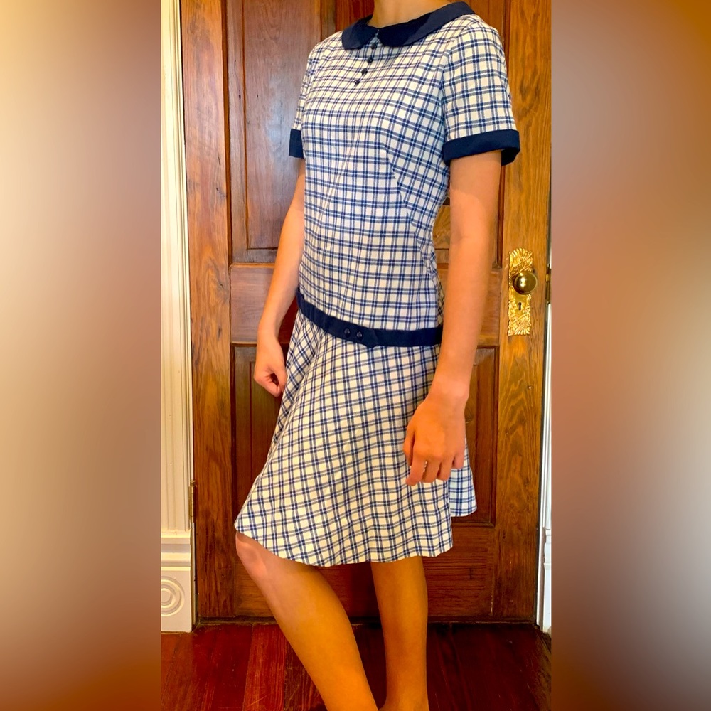(SOLD) Handmade 60s Drop Waist Navy Blue & White dress. Approximately: sm/m